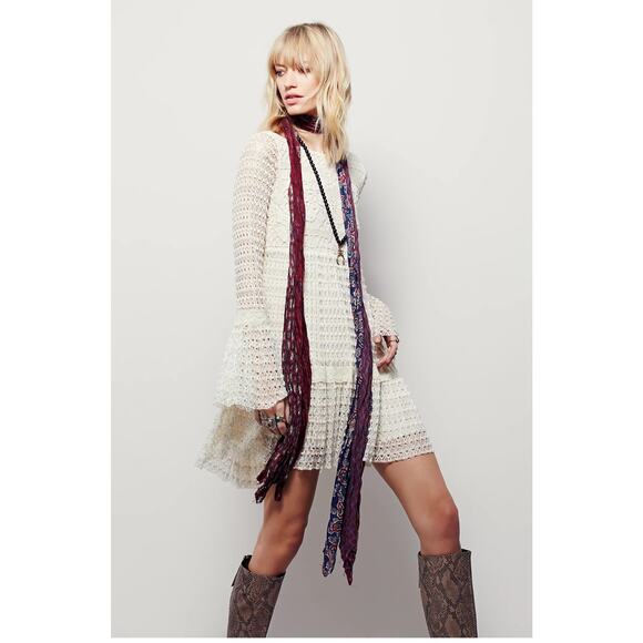 Free People X Crystal Snowflake ivory crocheted long bell sleeve boho dress Sz S - Picture 1 of 12